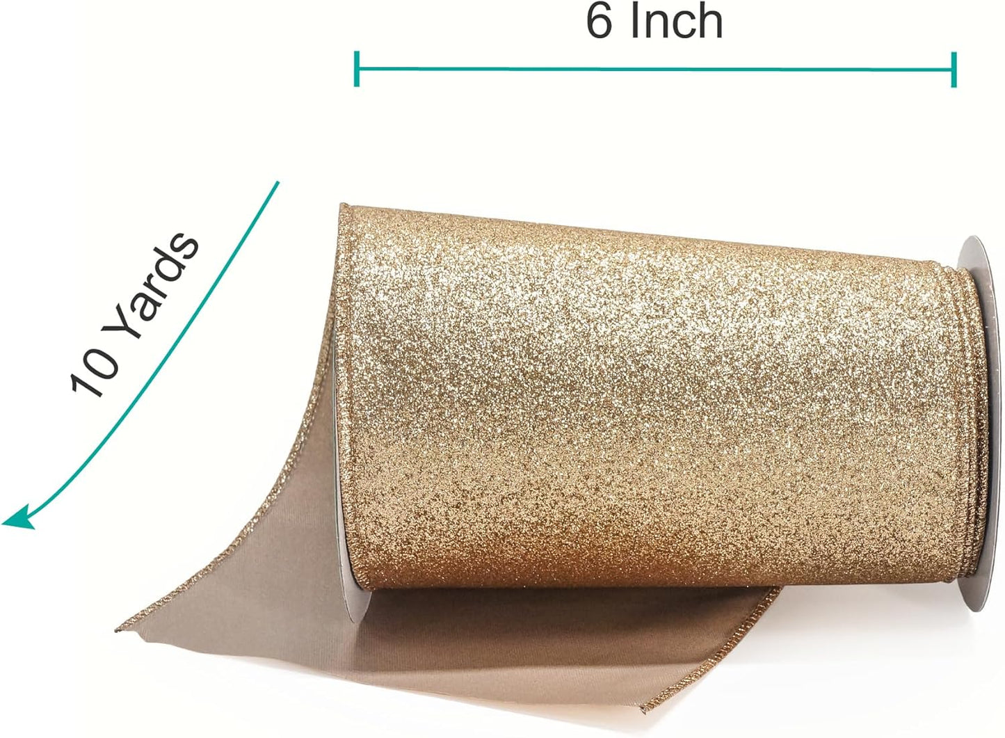 CT CRAFT LLC Glitter Wired Ribbon 6" x 10 Yards Gold (Champagne Gold) for Christmas Home Decor Bow Gift Wrapping DIY Crafts Wreath