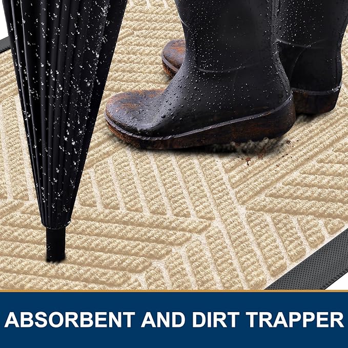Smiry Front Door Mat Outside Entrance, Heavy Duty Sturdy Natural Rubber Doormat, Trap Dirt and Moisture, Easy Clean Low Profile Mats for Indoor Outdoor Entry, Irregular Triangle (36x24, Beige)