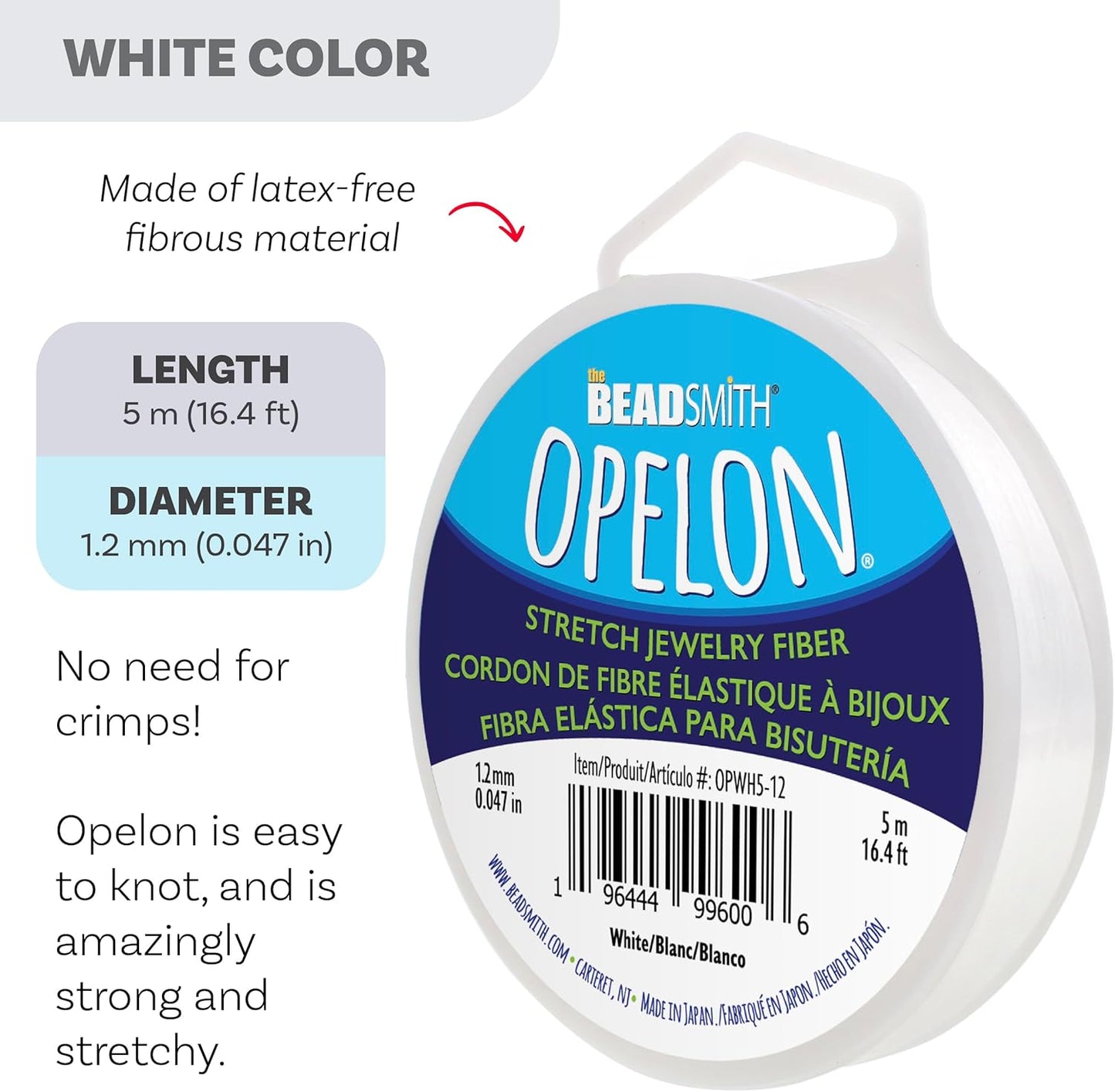 The Beadsmith Opelon Stretch Cord – Elastic Beading Fiber, White, 1.2 mm Diameter, 5 Meters (16.4 ft) Spool