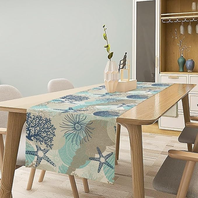 Marine Life Table Runner, Sea Underwater World Ocean Creature Table Runner for Dining Kitchen Party Holidays Home 13x120in