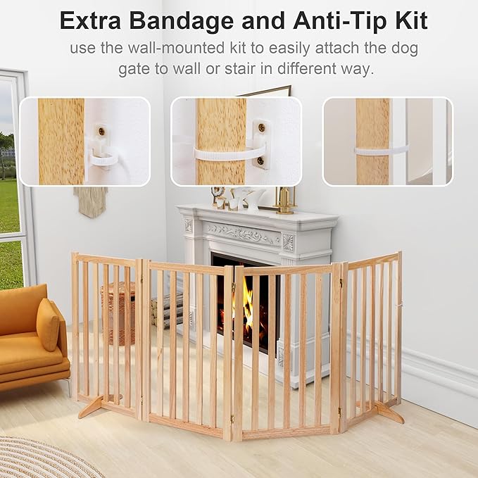36" Height Extra Tall Freestanding Pet Gate, Solid Wood Folding Safety Fence Wooden Dog Gate with 2 PCs Support Feet Ideal for Stairs, Doorways, Halls, Kitchens, Heavy Duty Gates, 4 Panels, Oak