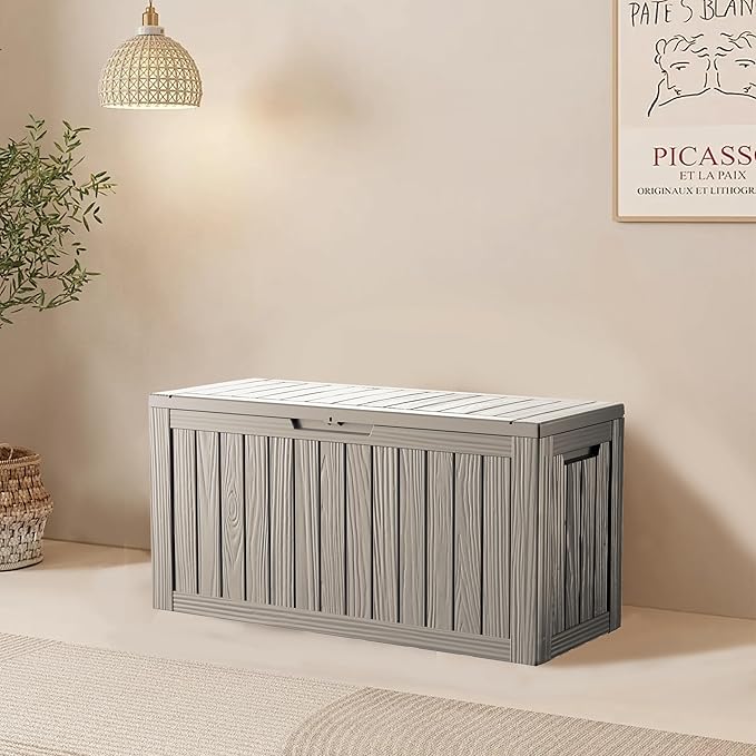 80 Gallon Resin Deck Box, Waterproof Outdoor Storage Box for Patio Furniture, Garden Tools, and Pool Accessories, Lockable UV-Resistant Storage Bin Bench Cabinet for Outside, Grey