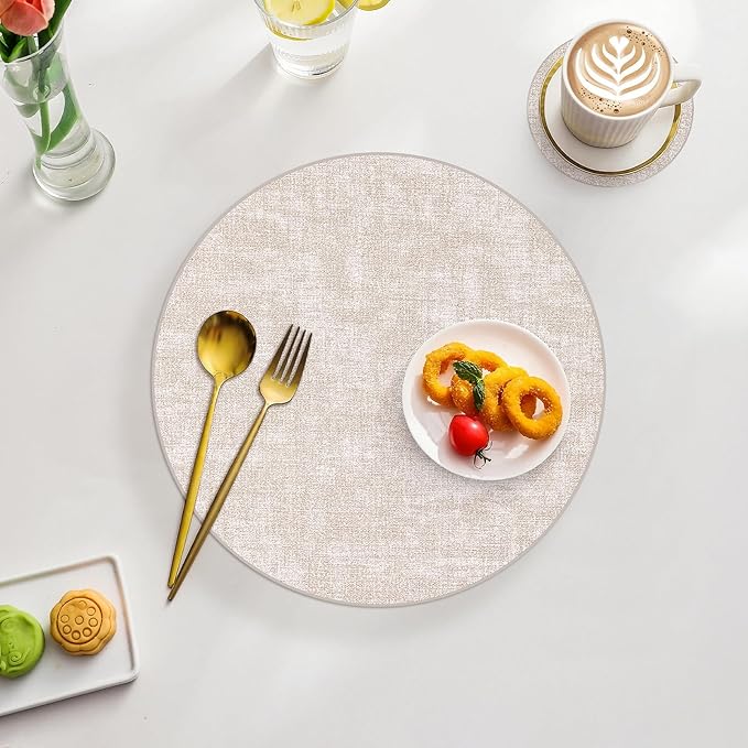 Homaxy Round Faux Leather Placemats and Coasters, Washable Dual-Side Table Mats, Wipeable Heat-Resistant Dining Place Mats for Outdoor and Indoor, Set of 12, Diameter 13 and 3.93 inch, Beige
