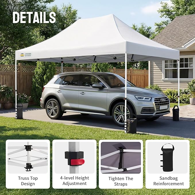 CROWN SHADES 10x15 Pop Up Canopy Tent, Thicken Frame Commercial Heavy Duty Tent, 8 Stakes & 4 Sandbags & 4 Ropes, Outdoor Canopies for Events, Parties,White