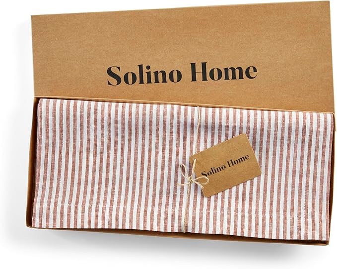 Solino Home Linen Striped Table Runner 36 Inches - Narrow Stripe, 100% Pure Linen Cinnamon and White Small Table Runner 14 x 36 Inch Ideal for Dresser and Coffee Tables