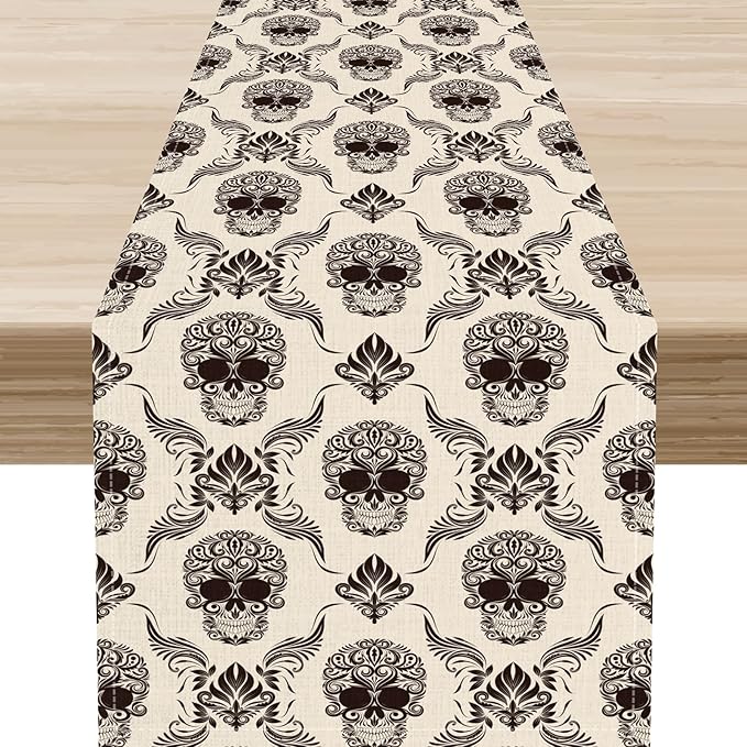 Gothic Table Runner, Retro Antique Damask Skull Pattern Classic Halloween Boho Black Coffee Vintage Table Center Decor for Kitchen and Dining Outdoor Home Country Party Table Decorations, 13"x36"