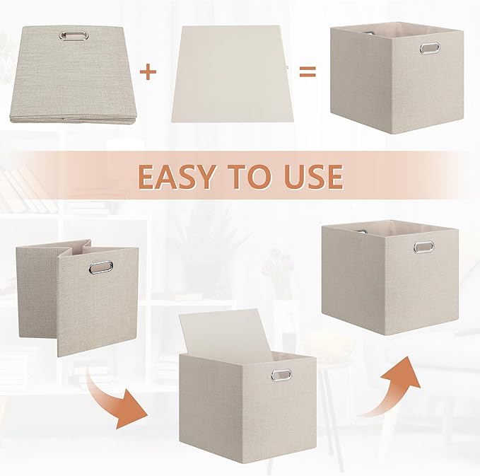 Posprica 13x15x13in Collapsible Storage Bins, Fabric Foldable Cube Storage Boxes, Decorative Storage Baskets Organizer for IKEA Kallax, Shelves, Closet, Clothes, Toy, Set of 4-Beige