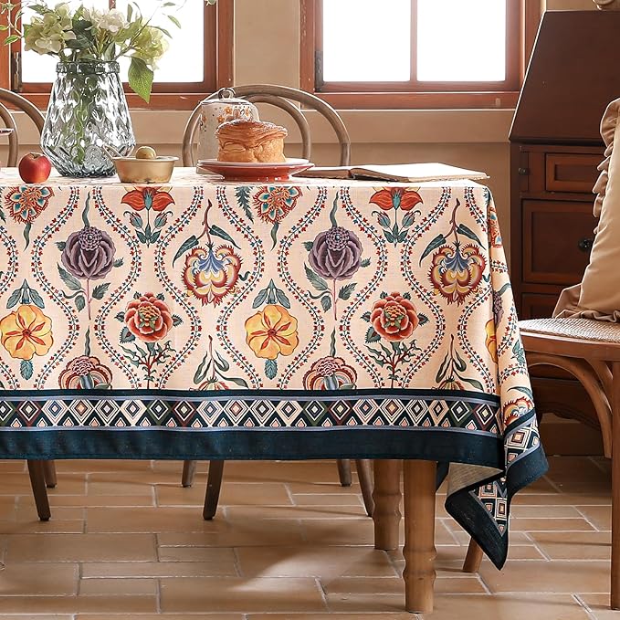 Vintage French Small Rectangular Tablecloth,Linen Tablecloth with Rose and Cornflower Pattern,Decorative Table Cover for Kitchen,Dining,Thanksgiving,Tea Party,55" × 71"-Lanae