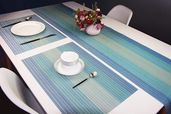 PIGCHCY Placemats Set of 6 and Table Runner,Heat Resistant Vinyl Woven Washable Table mats Sets (6 Placemats+1 Table Runner, Coastal Blue)
