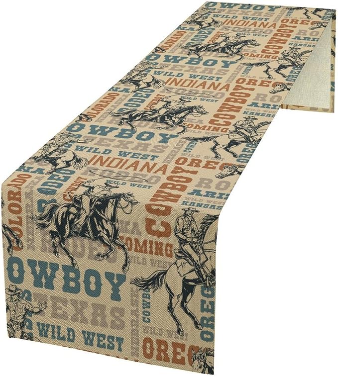 Western Cowboy Table Runner, Vintage Country American West Cowboy Riding Horse Table Runner for Home Kitchen Dining Party Farmhouse Cafe Outdoor 13x108in
