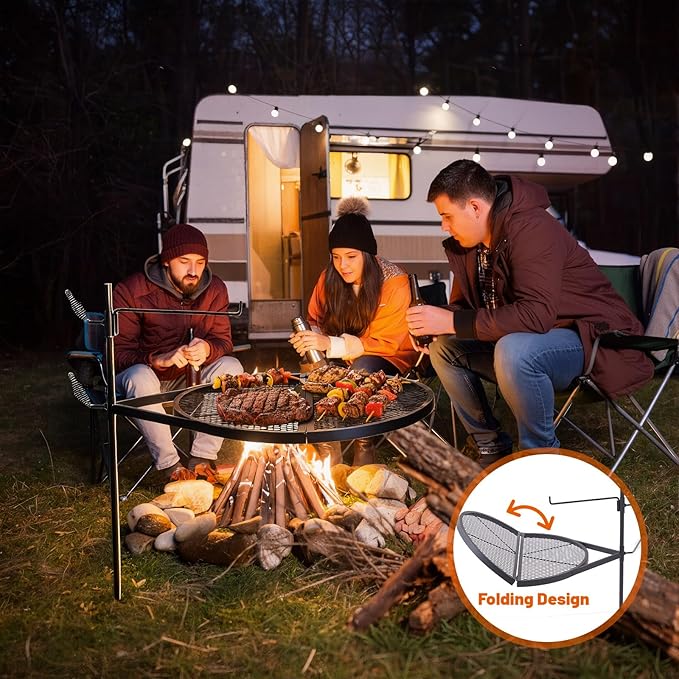 24" Fire Pit Campfire Grill Grate, 24" Foldable Open Fire Cooking Grill Portable Camping Cooking Barbecue Rack Heavy-duty, Easy Setup & Adjustable Height for Outdoor Camping BBQ
