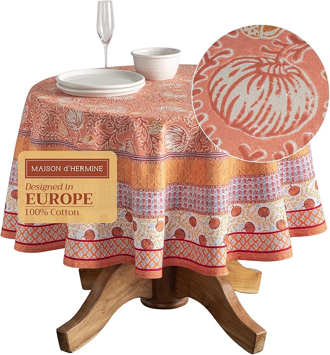 Maison d' Hermine Table Cloth Round Table 100% Cotton 69 Inches Fall Tablecloth Reusable Everyday Use for Thanksgiving Christmas Decorations Dining Farmhouse Party (Harvest Festival)