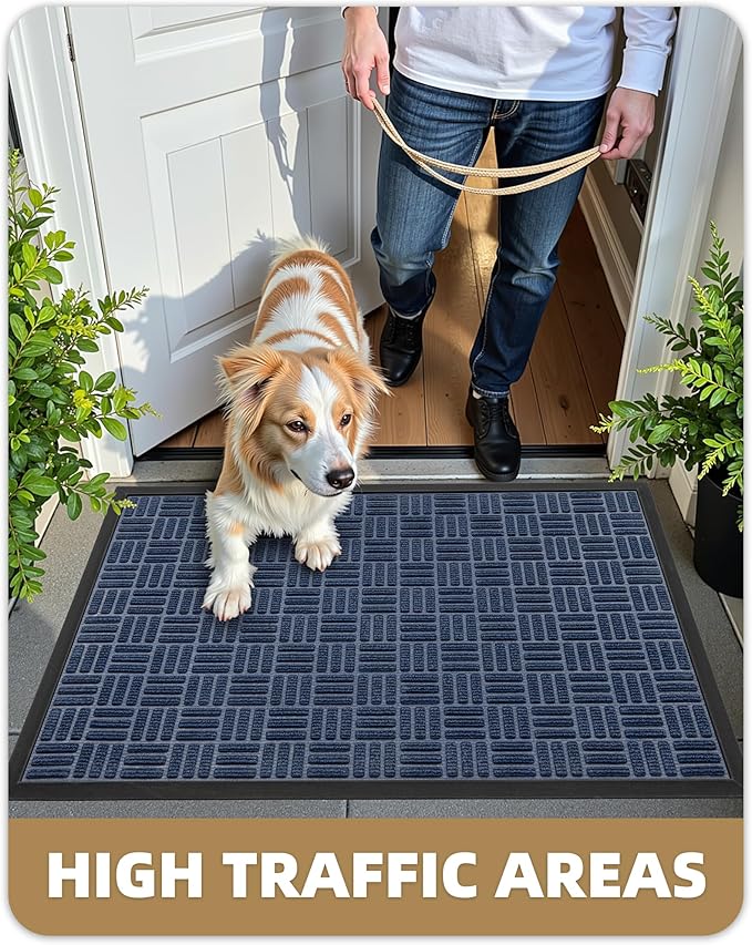 Color&Geometry Front Door Mat Outside Entrance, Heavy Duty Non Slip Low Profile Doormat for Entryway, Trap Dirt and Moisture Welcome Mats All-Weather, Easy Clean, Patio, Garage, 17"x30" Blue
