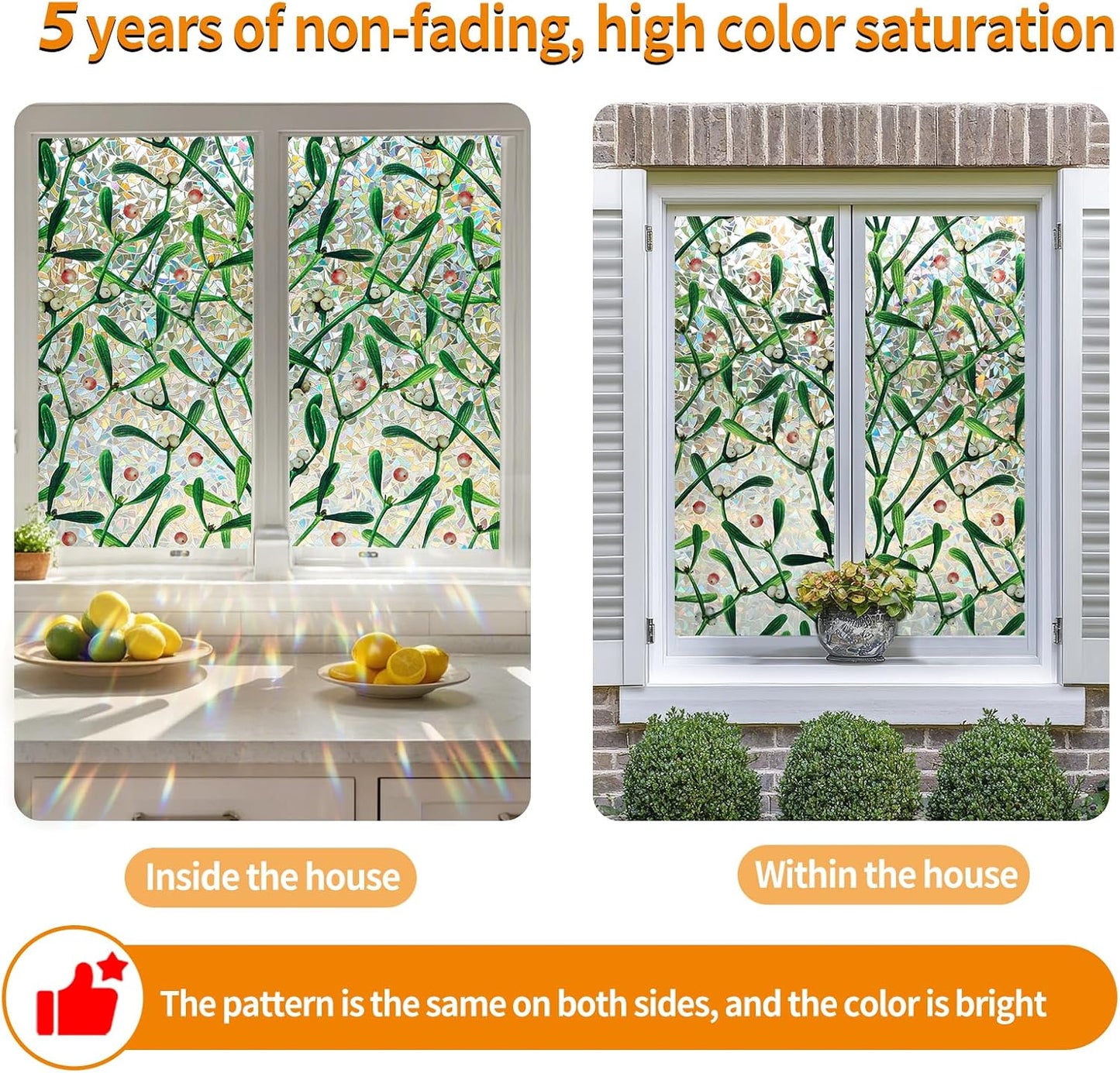 Window Privacy Film Stain Glass Window Film Rainbow Window Film Window clings Non-Adhesive Reusable Decorative for Room (Mistletoe Rainbow, 35.4 x 157.4 in)