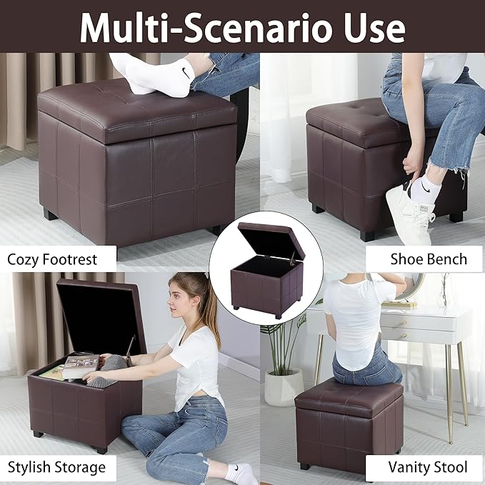 Homebeez Faux Leather Lift Top Storage Ottoman Bench with Solid Wood Frame & Tufted PU - 17.3 Inch Cube Footrest, Seat, with Metal Hinges for Living Room, Bedroom, Dorm | Coffee Brown