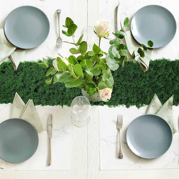 Zeyune 2 Pcs Fake Moss Table Runner for Crafts 12'' x 71'' Artificial Moss Sheet Roll Waterproof Carpet Blanket for Wall Roof Garden Wedding Birthday Party Table Decoration (Dark Green)