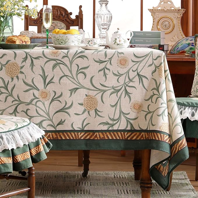 patdrea Designer French Linen Table Cloth for Rectangle Table,Vintage Fall Decorative Tablecloth,Floral Decoration Cover for Kitchen Dining Christmas,Tea Party,Thanksgiving,63"x94"-Littledaisy