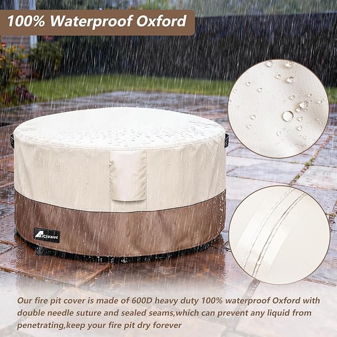 Fire Pit Cover Round 40 Inch Waterproof,Outdoor Heavy Duty Durable 600D Tear-Resistant Fire Pit Table Cover,Patio Round Firepit Cover 40" D x 20" H, Beige
