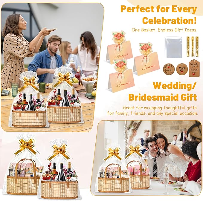 Leevcok 3 Set Baskets for Gifts Empty, Large Bamboo Gift Basket with Handle, Foldable Reusable Decorative Woven Basket for Christmas, Baby Shower, Mother's Day, Housewarming, Wedding