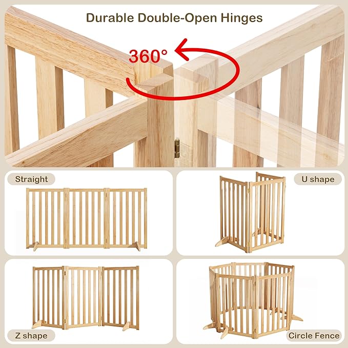 30" Height Tall Freestanding Pet Gate, Solid Wood Folding Safety Fence Wooden Dog Gate with 2 PCs Support Feet Ideal for Stairs, Doorways, Halls, Kitchens, Heavy Duty Gates, 3 Panels, Oak