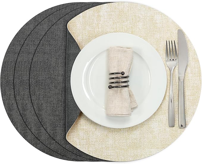 Myir JUN Round Placemats, Dual Sided Faux Leather Place Mats Set of 4 Indoor/Outdoor Non-Slip Washable Table Mats (Gray Cream-White, Set of 4)
