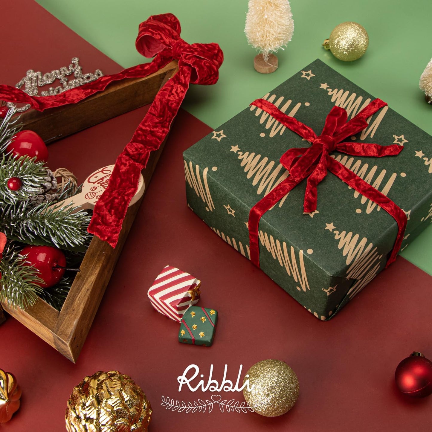 Ribbli Red Velvet Ribbon 3/8 Inches Luxury Crinkled Red Christmas Ribbon for Gift Wrapping Crafts Home Decor-Continuous 10 Yard