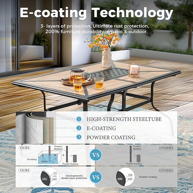 Outdoor Patio Dining Table for 6, 61" x 38" Rectangular Metal Patio Dining Table with Umbrella Hole for Garden, All Weather Wrought Iron Black Outdoor Table Backyard and Porch