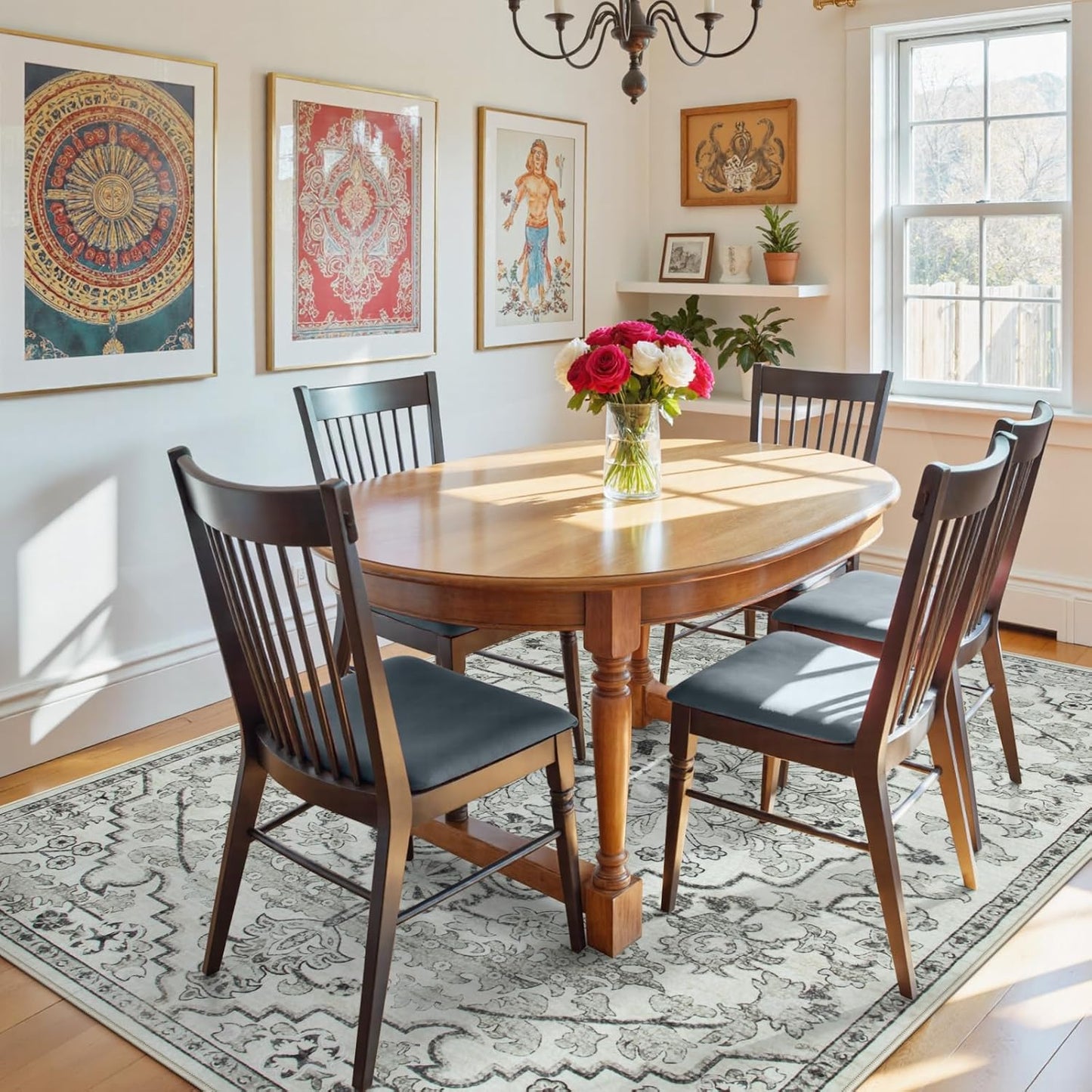 Lahome Area Rug 5x7 Washable Living Room Rug, Large Soft Bedroom Rug, Bohemian Medallion Non Slip Non Shedding Low Pile Accent Print Indoor Carpet for Dining Room Office Playroom, Beige