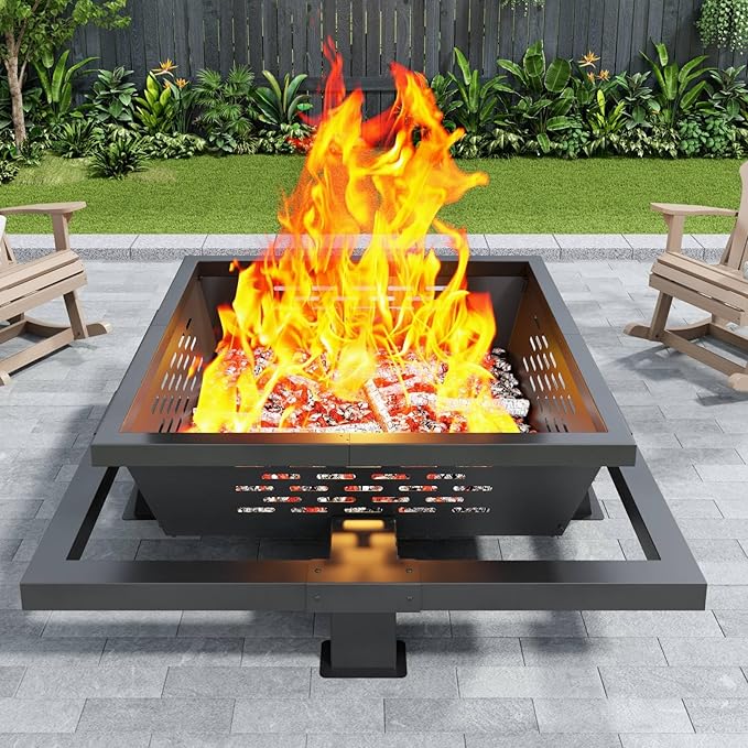 47" Large Fire Pit, Square Outdoor Fire Pit with Poker, Wood Burning FirePit for Camping, Backyard, Patio