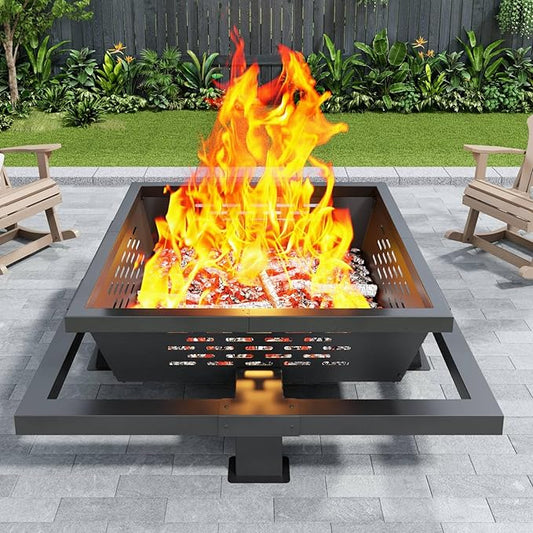 47" Large Fire Pit, Square Outdoor Fire Pit with Poker, Wood Burning FirePit for Camping, Backyard, Patio