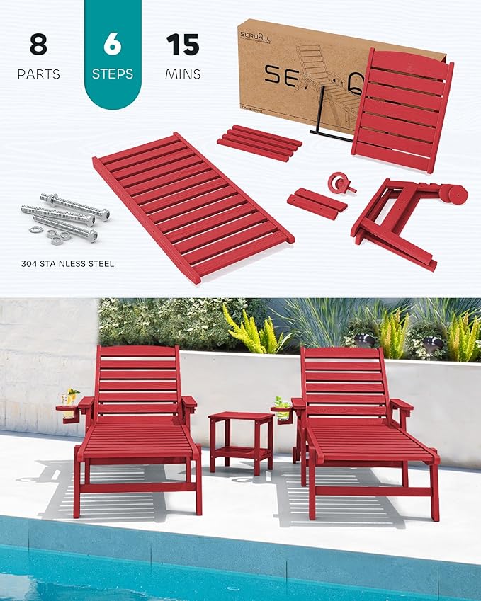 SERWALL Patio Chaise Lounge Chair Set of 2, 78'' Long 5-Positions Adjustable HDPE Outdoor Lounger for Pool, Poly Lounge Chair with Rolling Wheels & Cup Holder for Poolside, Deck, Bright Red
