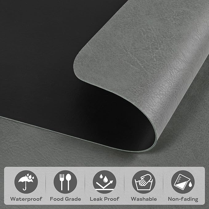 PU Leather Placemats Set of 6 Table Mats Heat Resistant Kitchen Place Mats, Waterproof Wipeable Dining Table Placemats for Home Party Outdoor, 15.8 x 11.8 inches (Grey/Black)