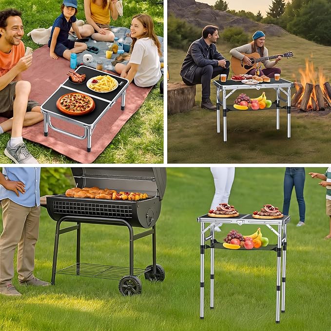 Anbte Folding Camping Table, Aluminum 24" x 16" Adjustable Height Small Folding Table with Carrying Handle, Lightweight, Portable Camping Table Waterproof for Outdoor Indoor Picnic Beach BBQ (Black)