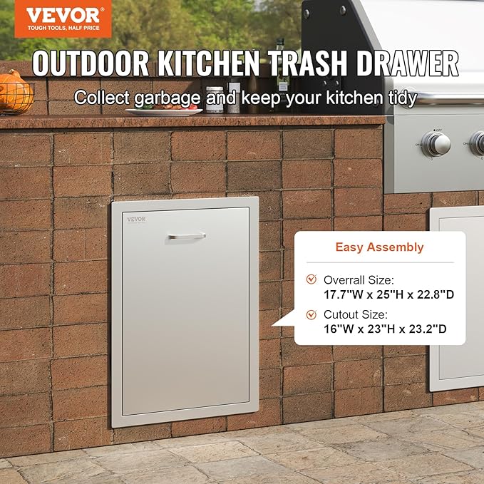 VEVOR Outdoor Kitchen Trash Drawer 17.7W x 25H x 22.8D Inch, Stainless Steel Trash Drawer with Handle and Pull-Out Tray, Outdoor Pull Out Kitchen BBQ Island, Trash Can NOT Included