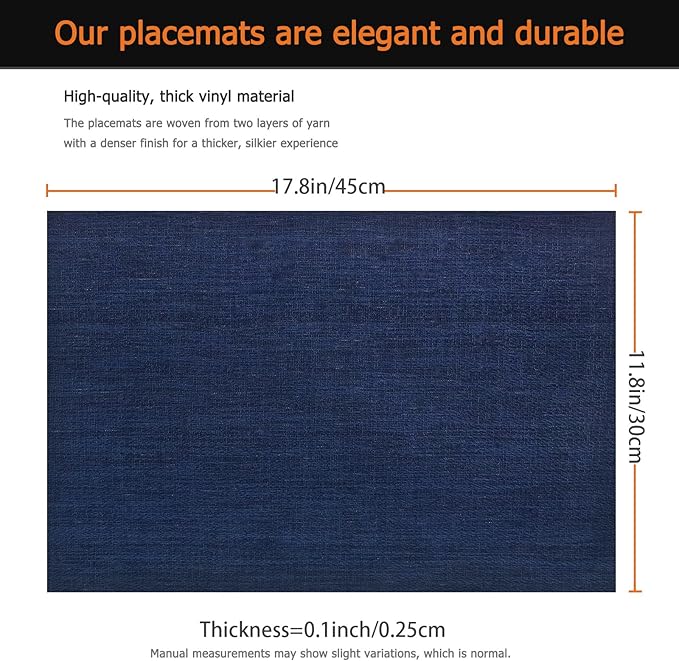 Placemats Set of 12 Washable&Wipeable Place mats for Dining Table Kitchen Indoor Outdoor Table Mats Heat Resistant Non Slip Woven Vinyl Table Placemats (Navy Blue，12PCS)