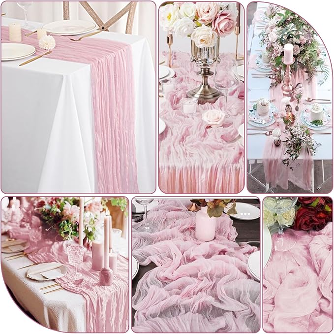 20 Packs Cheesecloth Table Runner 10FT Long Boho Gauze Fabric Table Runner Vintage Rustic Sheer Runners for Wedding Party Bridal Baby Shower Table Decorations (Light Pink)
