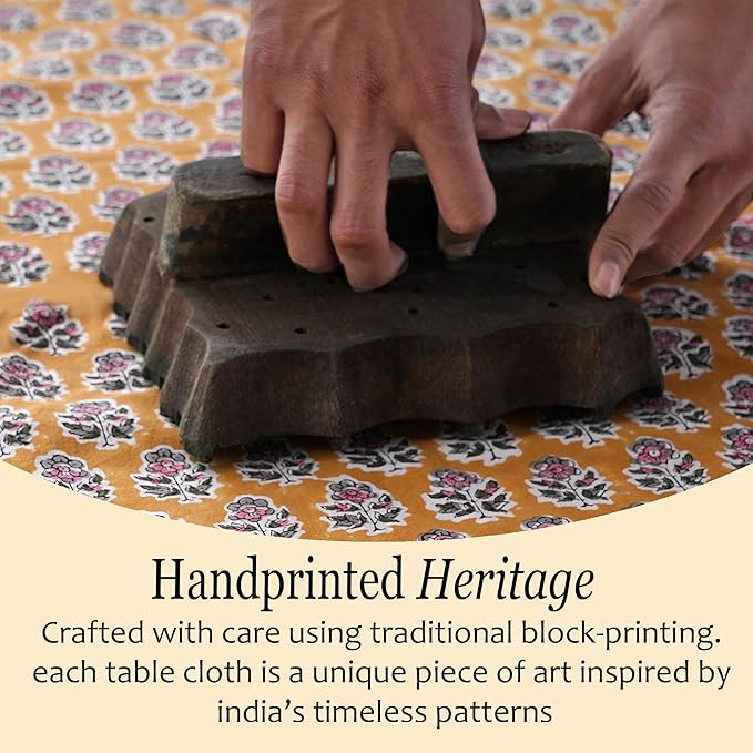 CPC Tablecloth 100% Cotton 72x160 Inch Indian Block Print Rectangle Table Cover, Yellow Table Cloth for Weddings, Spring/Summer, Barbeque - Yellow Citrine