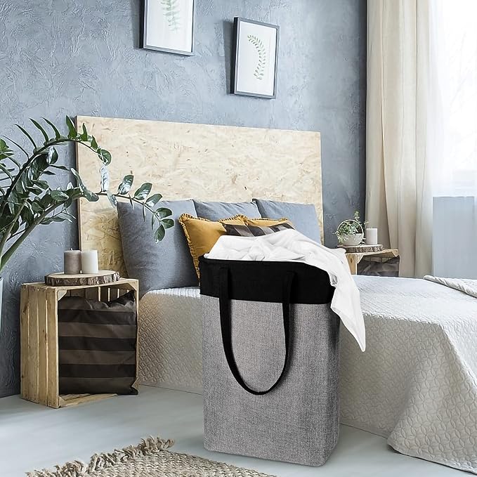 Laundry Hampers 15.2Lx7.5Wx23H Small&Tall Slim Fabric Laundry Baskets Thin Narrow Black+Gray Compact Hamper Capacity 43L for Space-Saving,QY-SC23-2