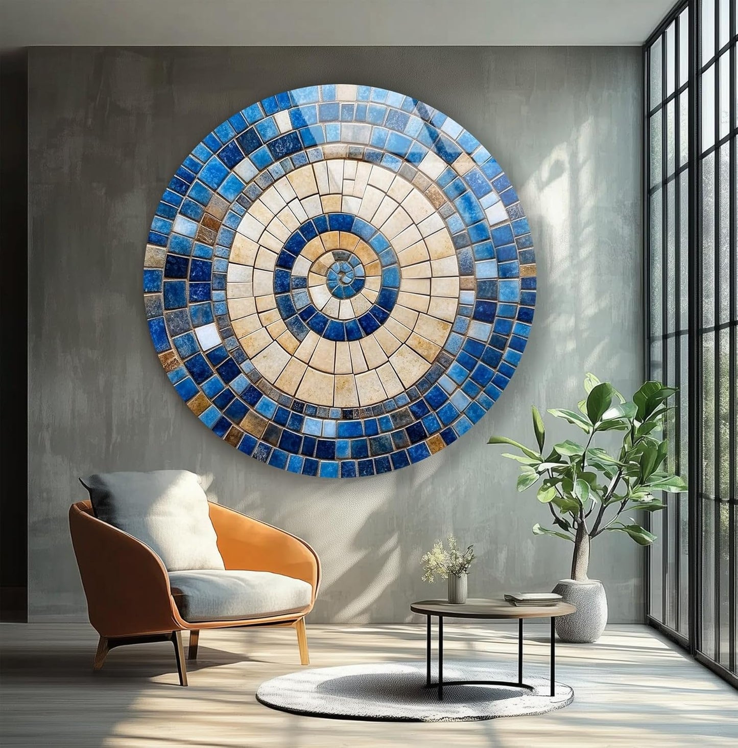 My Photostation.com 15.8''(40cm) Diameter Coastal Sunburst Beige & Blue Round Glass Wall Art Tempered Glass Printing Wall Decor Large Wall Art Wall Hangings