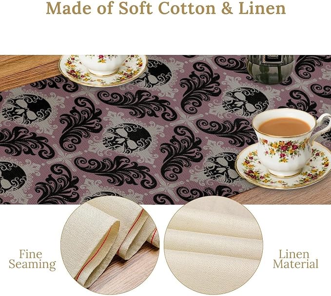 Goth Table Runner, Antique Gothic Damask Skull Baroque Style Floral Halloween Exotic Purple Coffee Vintage Table Center Decor for Kitchen and Dining Outdoor Country Party Table Decorations, 13"x36"
