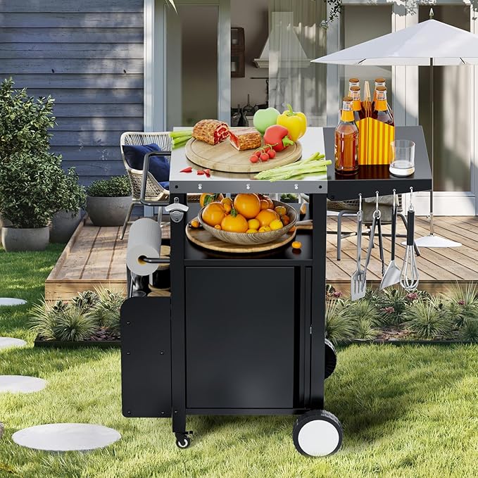 ROOMTEC Outdoor Grill Cart with Storage,Movable Modular BBQ Cart,Waterproof Patio Kitchen Island with Hooks and Spice Rack,Bar Patio Kitchen Island Prep Stand Cabinet with Cover