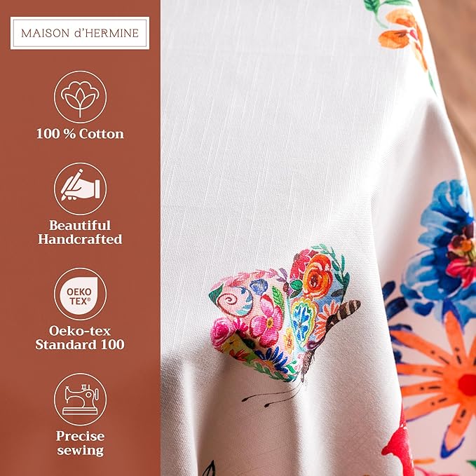 Maison d' Hermine Table Cloth Round Table 100% Cotton 63 Inches Tablecloth Reusable Decorative for Dining Room, Farmhouse, Home, Party, Festive & Wedding Spring Summer - Happy Florals - High Summer
