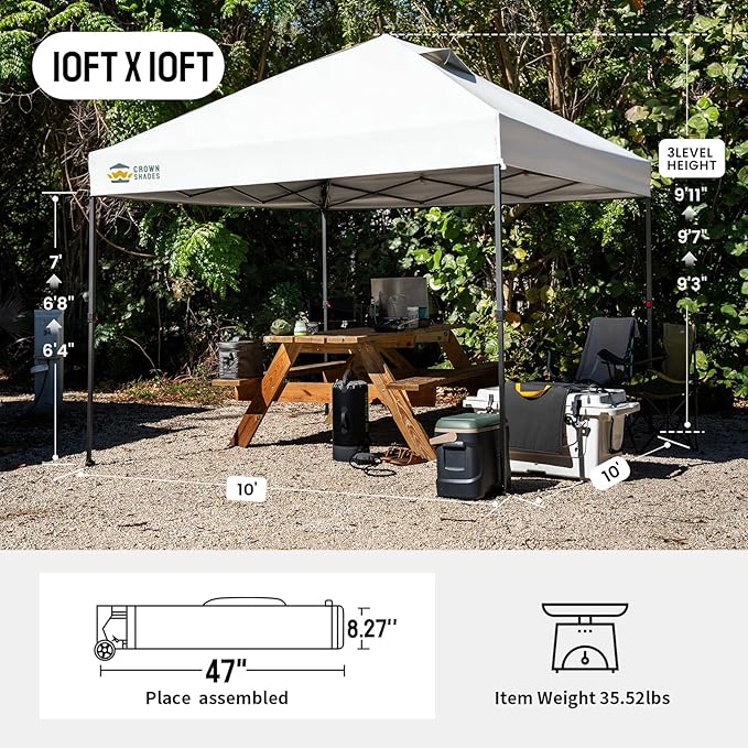 CROWN SHADES 10x10 Pop Up Canopy - Patented Center Lock One Push Instant Outdoor Canopy Beach Tent with STO-N-Go Bag 8 Stakes & 4 Sand Bags，White
