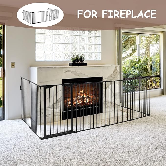AUXSOUL 196" Extra Wide Baby Gate Metal Safety Playpen - Fireplace Fence for Toddler/Pet/Dog, Max Length 196", 8-Panel (30" H, Black)