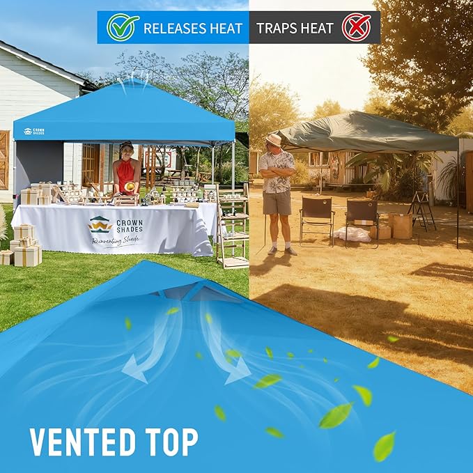 CROWN SHADES 10x10 Pop Up Canopy with 1 Side Wall - Beach Tent with One Push Setup - Outdoor Sun Shade for Events, Parties, Camping - Gazebo with STO-N-Go Cover Bag (Cyan Blue)