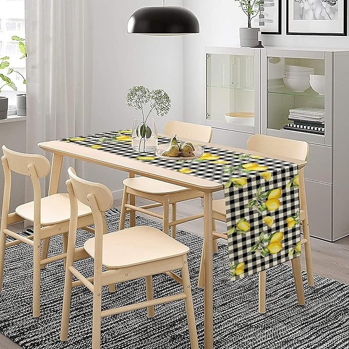 Fresh Lemon Table Runner, Yellow Lemon Black White Buffalo Check Plaid Table Runner for Farmhouse Coffee Home Kitchen Dining 13x60in