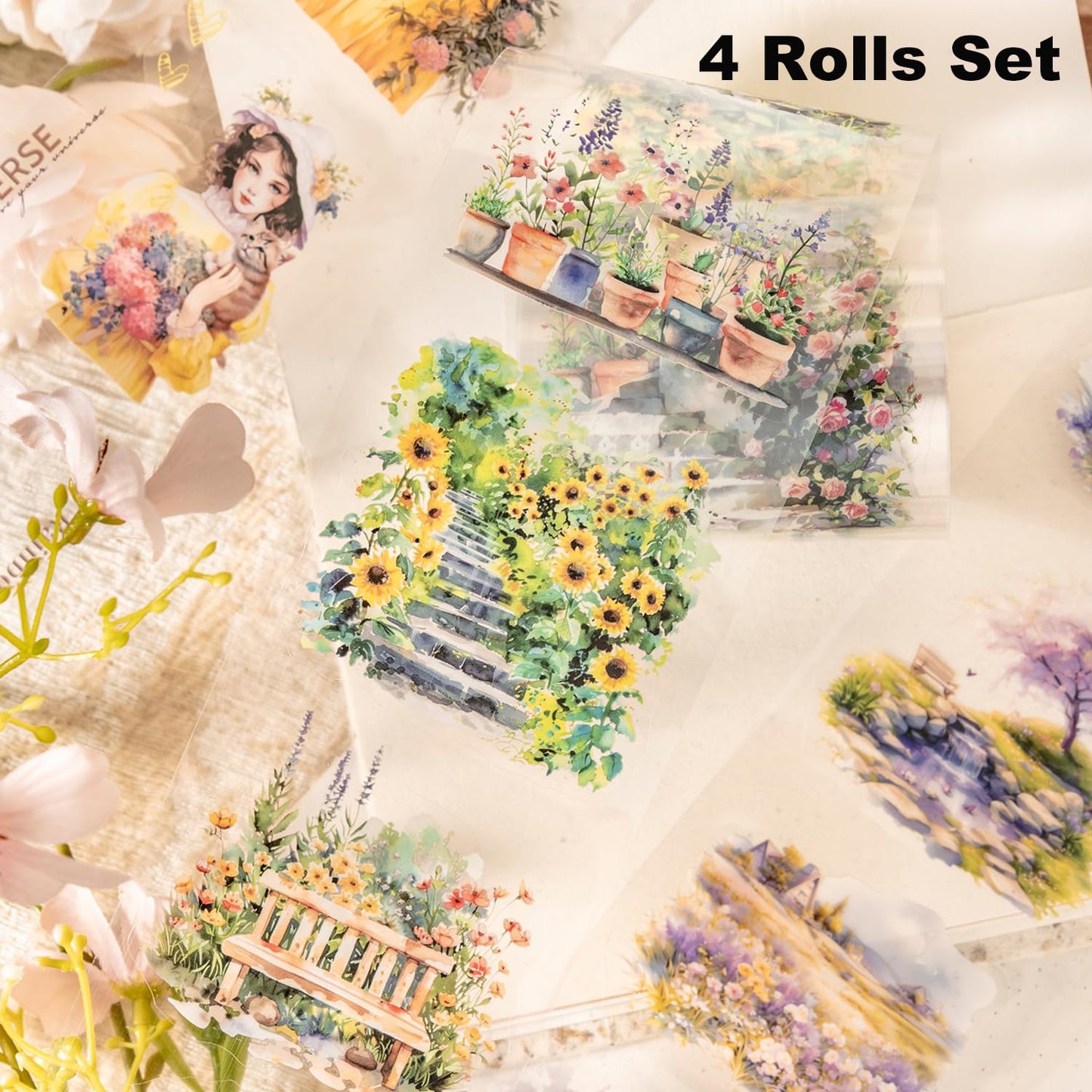 Garden and Girl PET Tape Set, 4 Rolls Pre-Cut Adhesive Tapes for Scrapbooking, Journaling, DIY Crafts, and Art Supplies