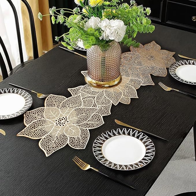 FAVE Gold Table Runners 36 Inches Heat Resistant Table Runner Flower Shaped Vinyl Table Runner Waterproof Washable Table Mats for Wedding, Banquet, Birthday,Party,Restaurant(Gold Flower Shaped)