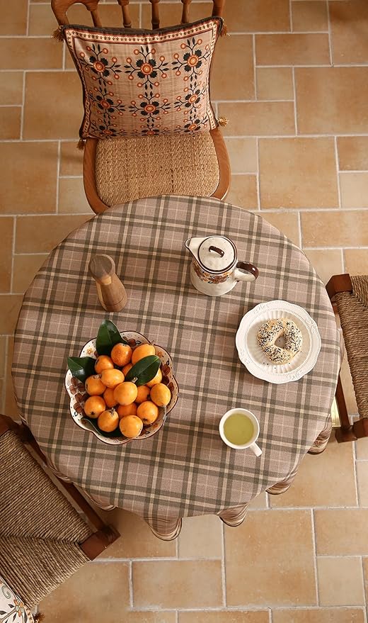 Vintage Brown Checkered Round Tablecloth,Italian Style Wrinkle Resistant Linen Tablecloths,Decor Table Cover for Kitchen,Dining,Tea Party,Thanksgiving,Christmas,Diameter 67"-Seville