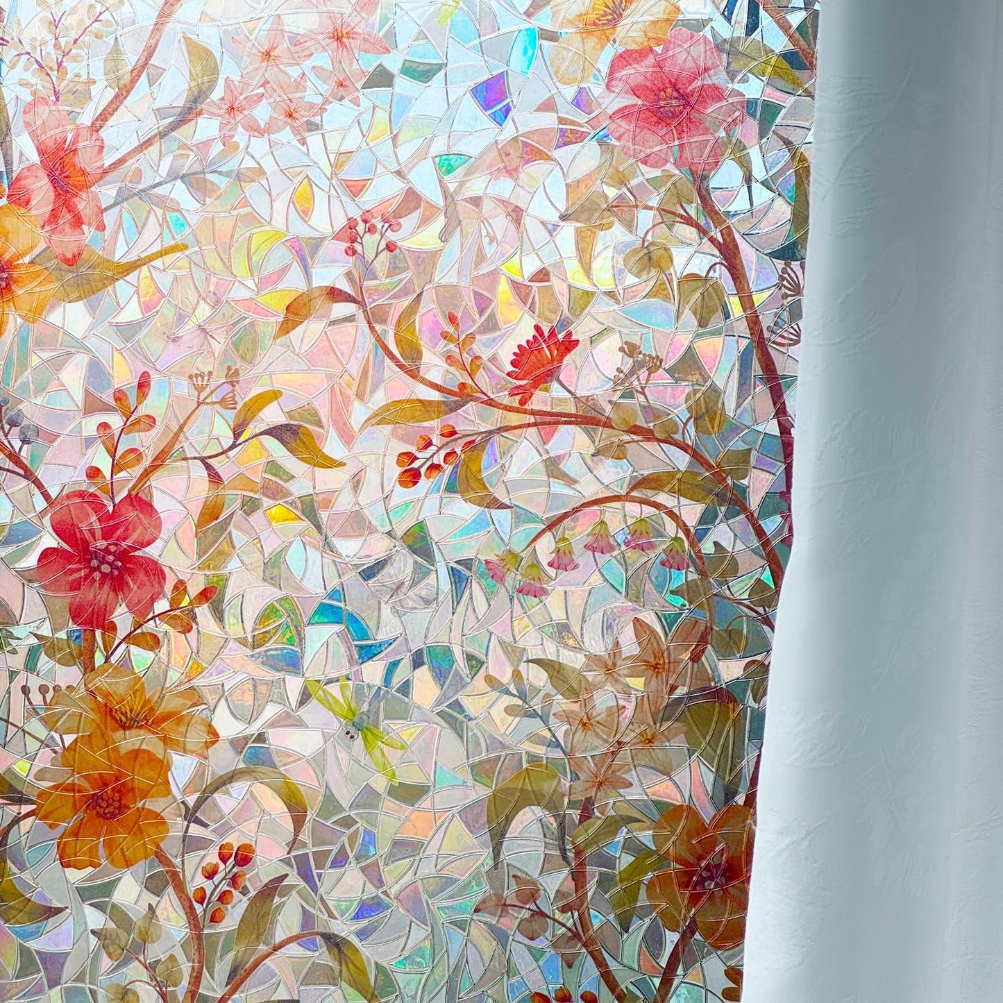 Stained Glass Window Film Static Cling Door Privacy Film Decorative Flowers Red Leaves Window Decals Stickers Heat Control Anti UV for Home and Office,45.2x157 in.